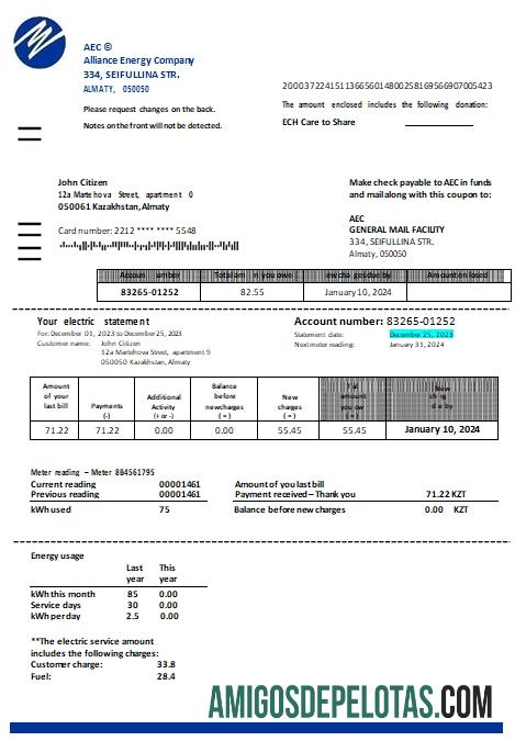 Conta de serviços públicos da Companhia de Energia da Aliança do Cazaquistão (AEC) exemplo real